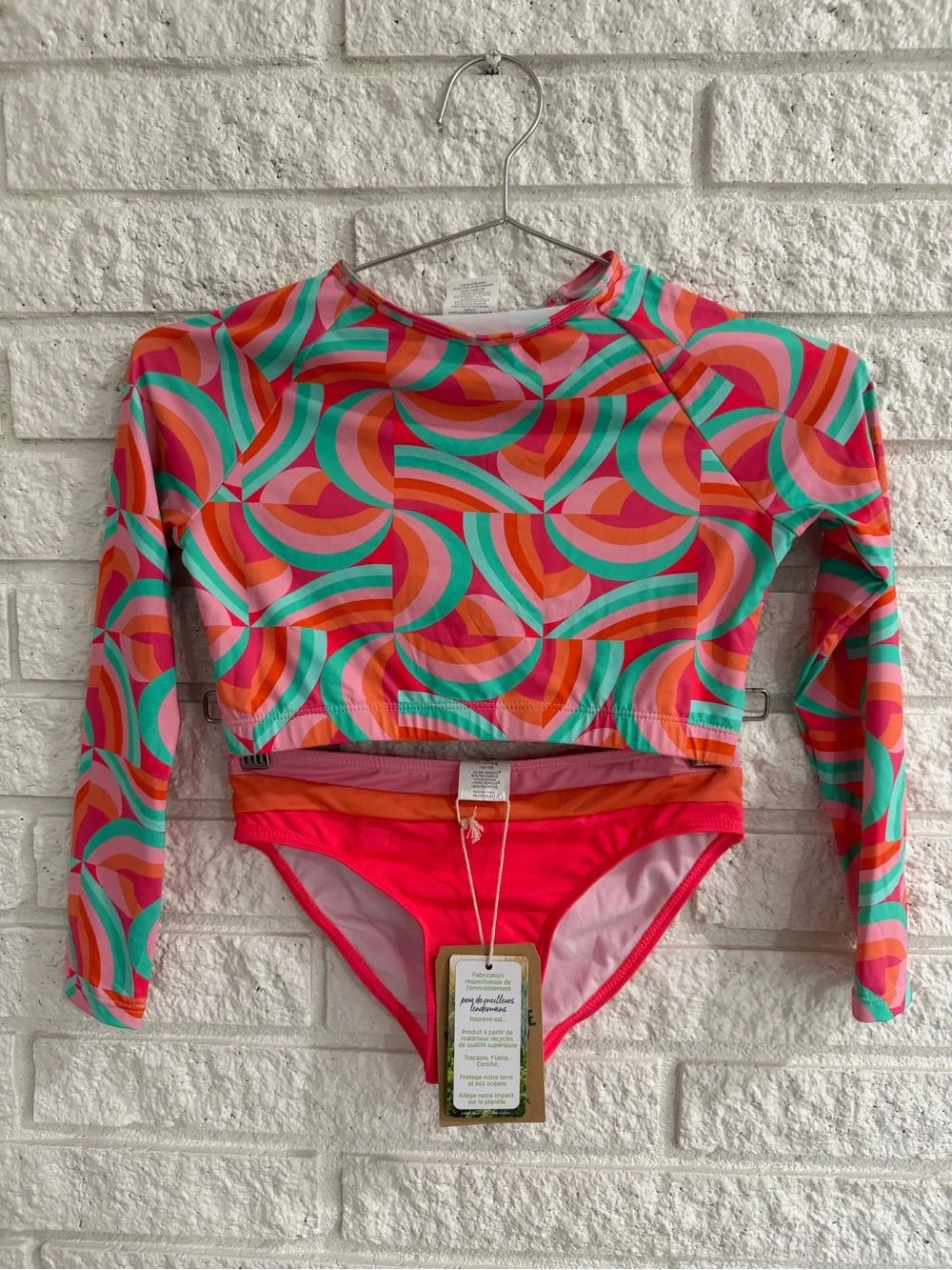 Snapper Rock Girls' Geo Melon Long Sleeve Swim Set in Coral, Turquoise & Pink